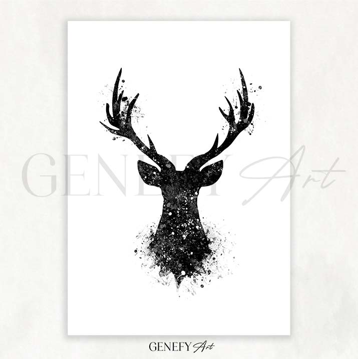 Deer Black and White Watercolour Art Print