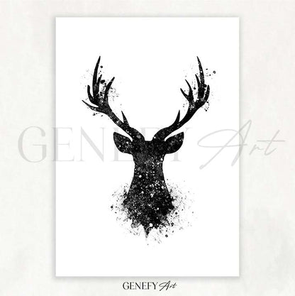 Deer Black and White Watercolour Art Print