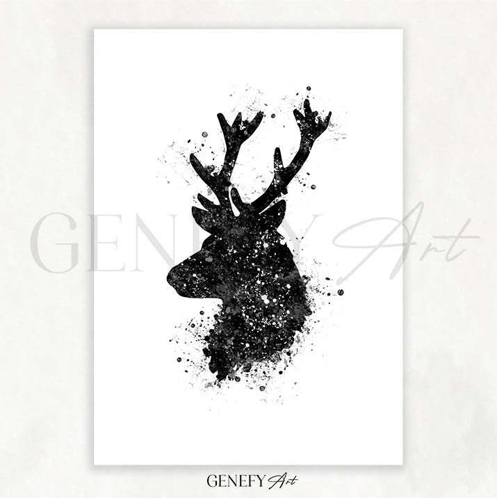Deer Black and White Watercolour Art Print