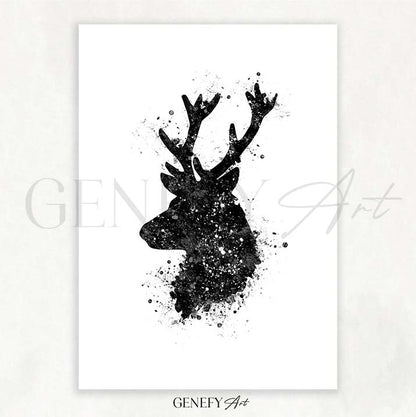 Deer Black and White Watercolour Art Print