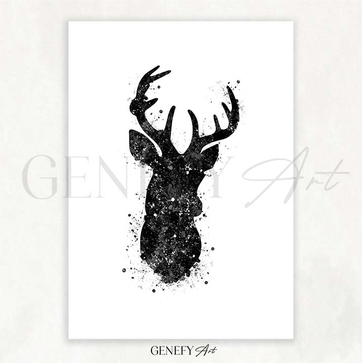 Deer Black and White Watercolour Art Print