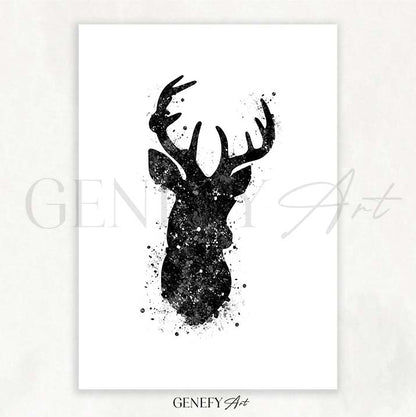Deer Black and White Watercolour Art Print