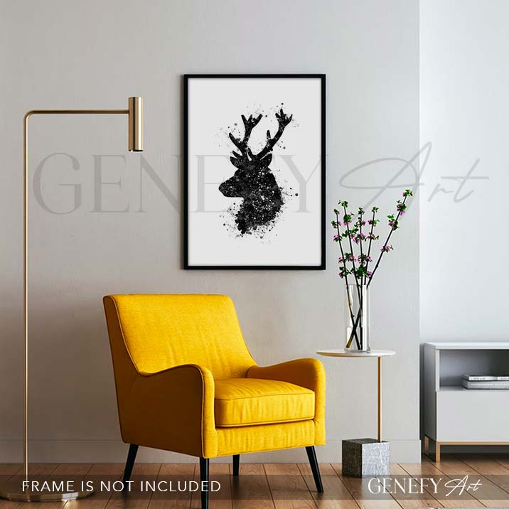 Deer Black and White Watercolour Art Print