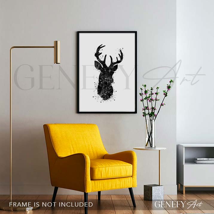 Deer Black and White Watercolour Art Print