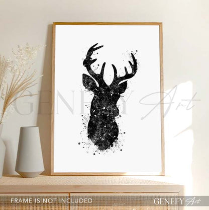 Deer Black and White Watercolour Art Print