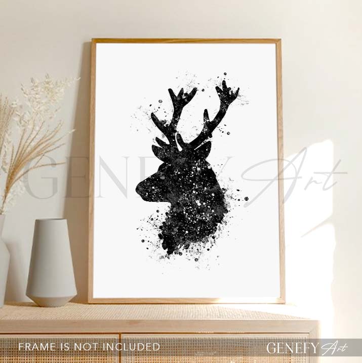 Deer Black and White Watercolour Art Print