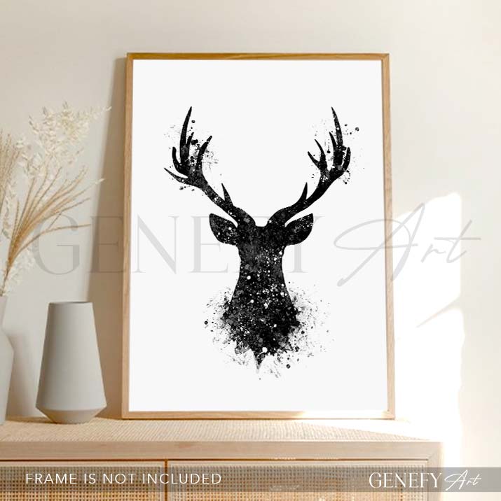 Deer Black and White Watercolour Art Print