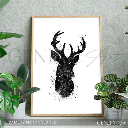 Deer Black and White Watercolour Art Print