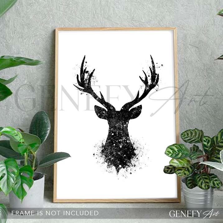 Deer Black and White Watercolour Art Print