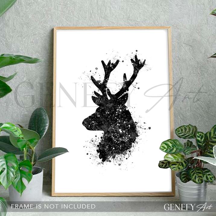 Deer Black and White Watercolour Art Print