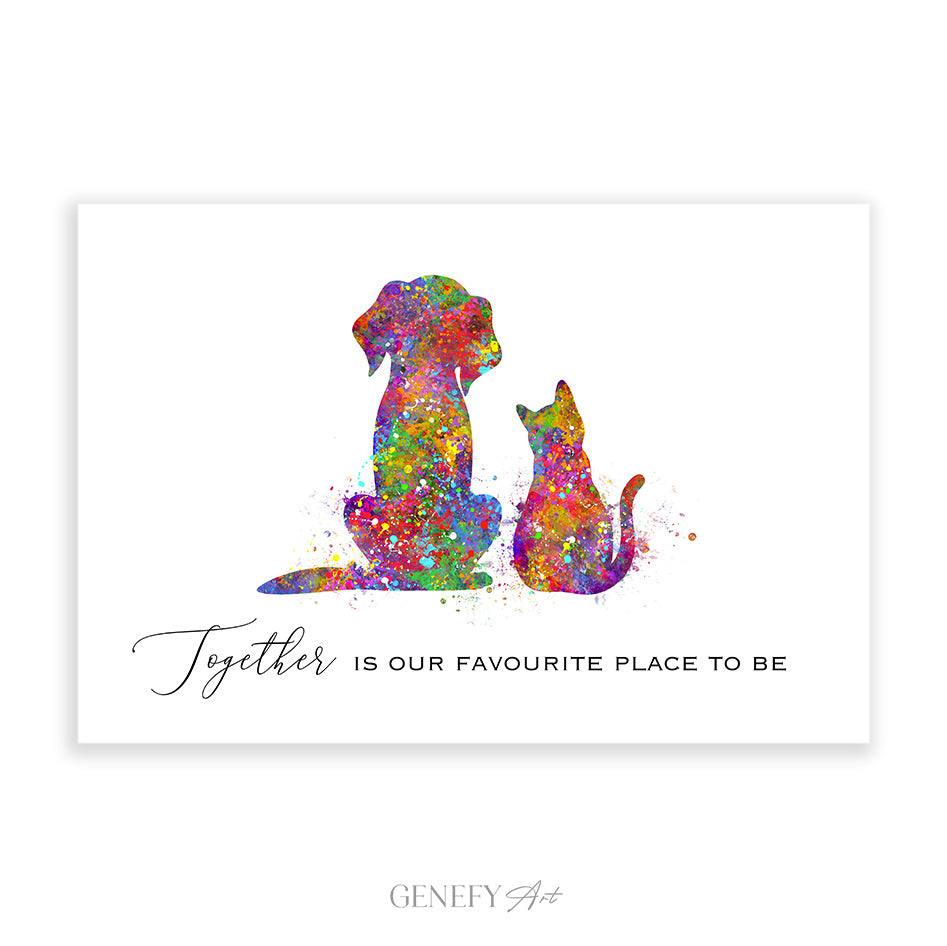 Dog and Cat Best Friends Watercolour Art Print
