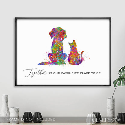 Dog and Cat Best Friends Watercolour Art Print
