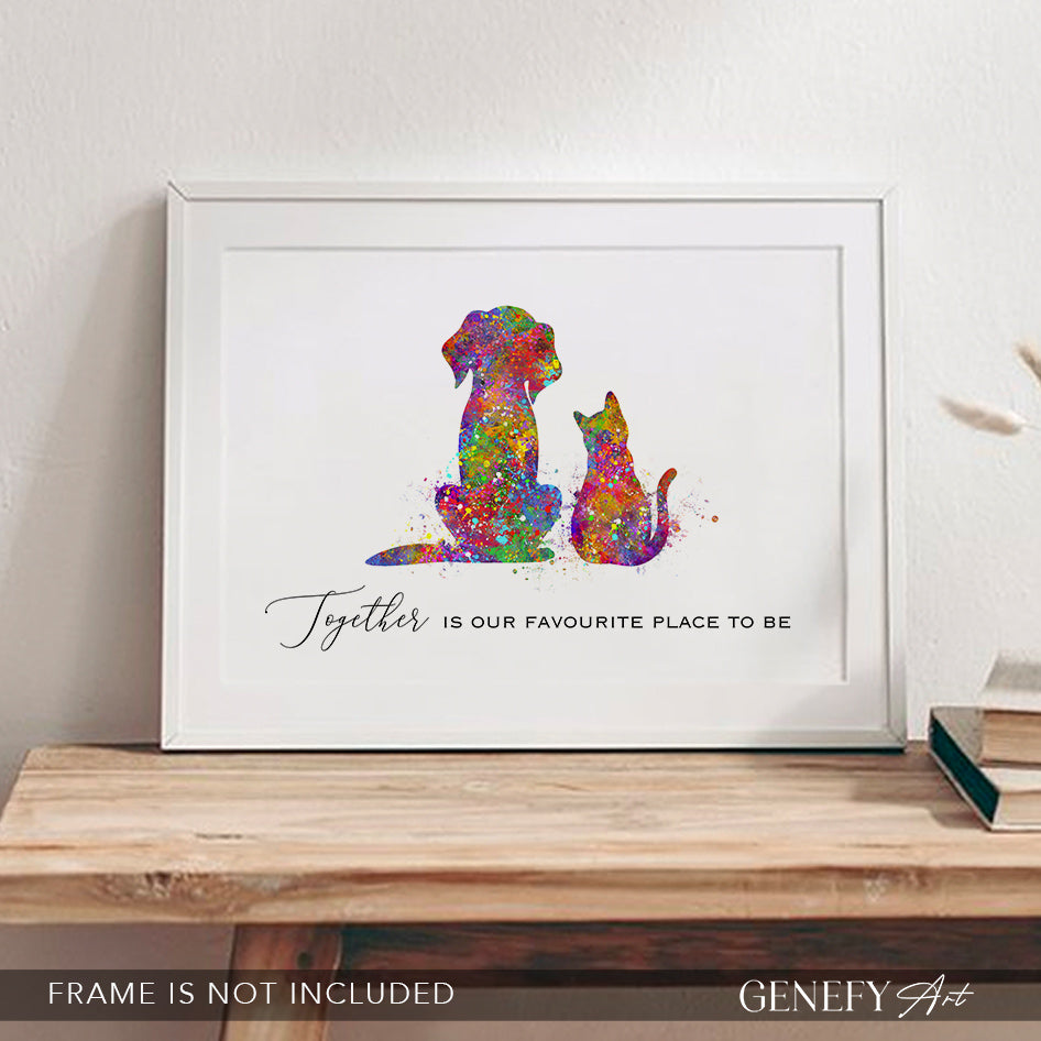 Dog and Cat Best Friends Watercolour Art Print