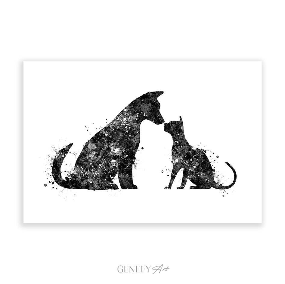 Dog and Cat Best Friends Black and White Watercolour Art Print