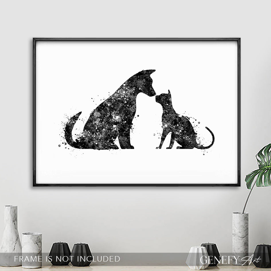 Dog and Cat Best Friends Black and White Watercolour Art Print