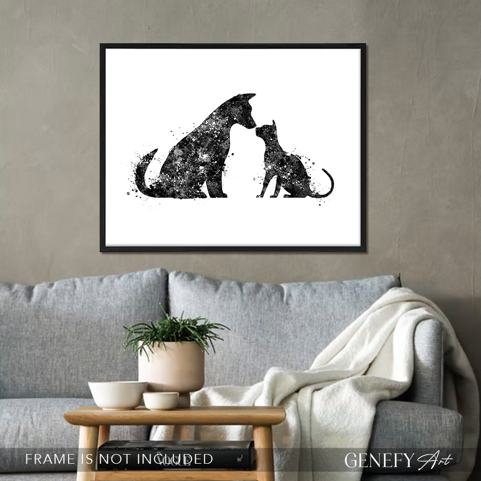 Dog and Cat Best Friends Black and White Watercolour Art Print