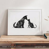 Dog and Cat Best Friends Black and White Watercolour Art Print