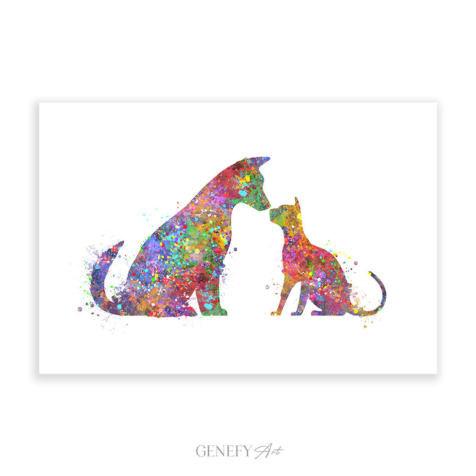 Dog and Cat Best Friends Watercolour Art Print