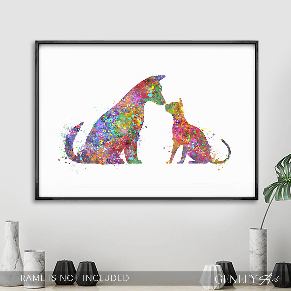 Dog and Cat Best Friends Watercolour Art Print