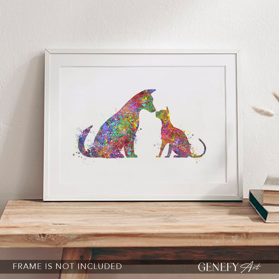Dog and Cat Best Friends Watercolour Art Print