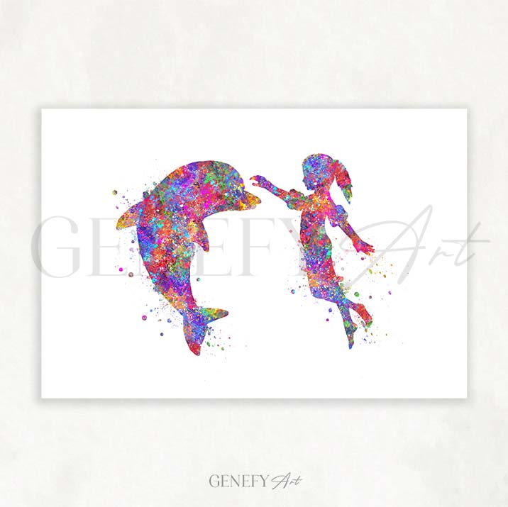 Dolphin and Girl Watercolour Print