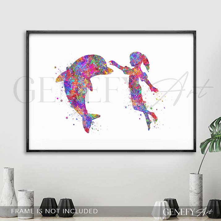 Dolphin and Girl Watercolour Print