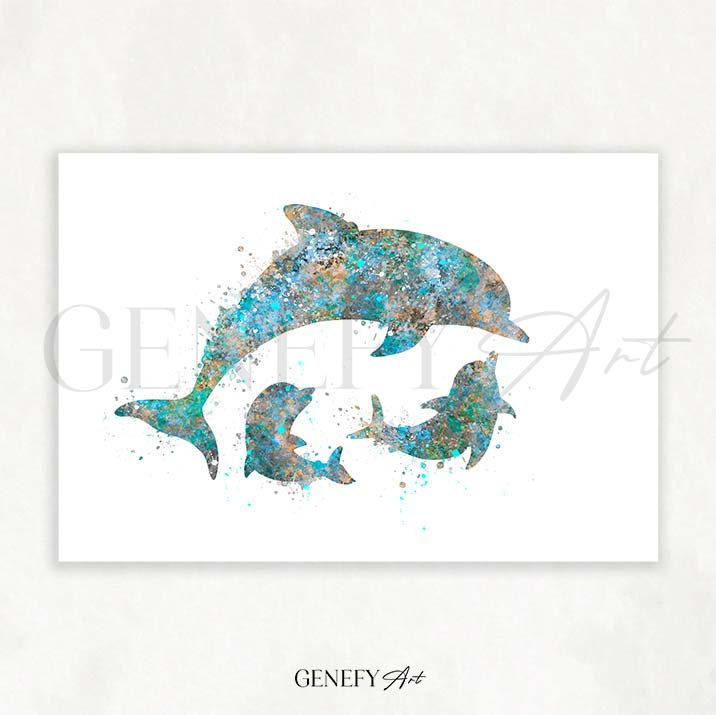 Dolphin Family of 3 Pink Watercolour Print