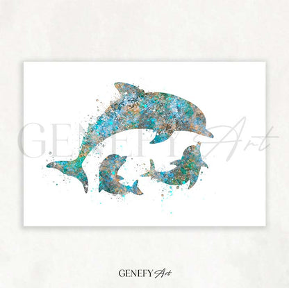 Dolphin Family of 3 Pink Watercolour Print