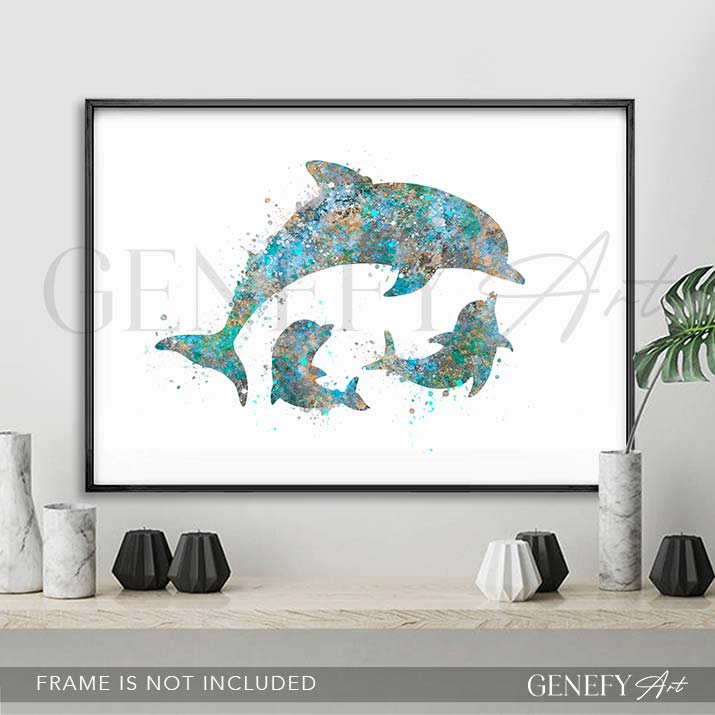 Dolphin Family of 3 Pink Watercolour Print