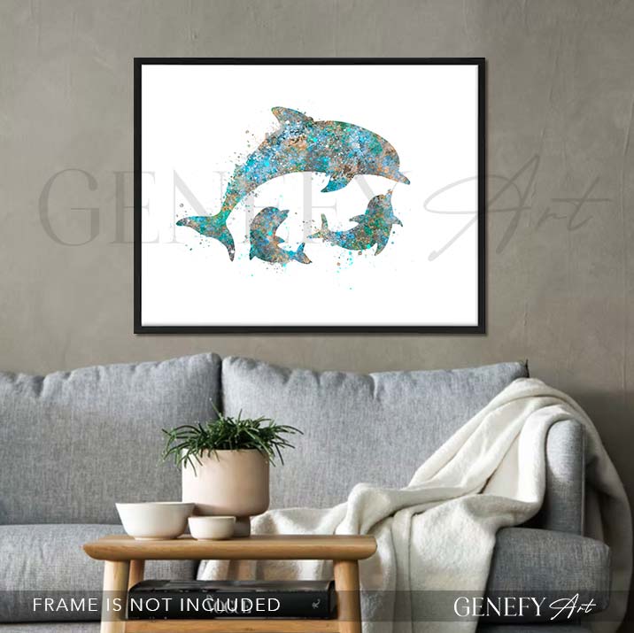 Dolphin Family of 3 Pink Watercolour Print