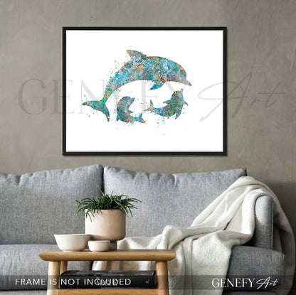Dolphin Family of 3 Pink Watercolour Print