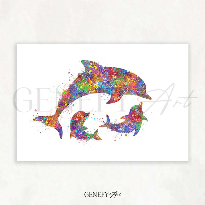 Dolphin Family of 3 Watercolour Print