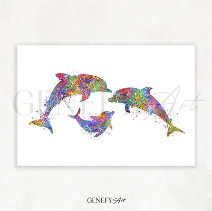 Dolphin Family of 3 Watercolour Print
