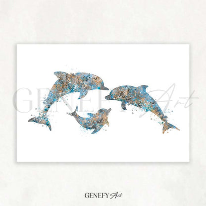 Dolphin Family of 3 Watercolour Print