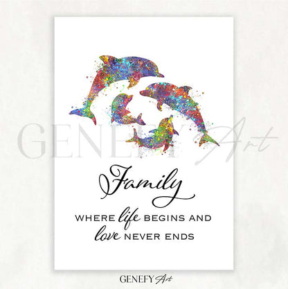 Dolphin Family Quote Watercolour Print