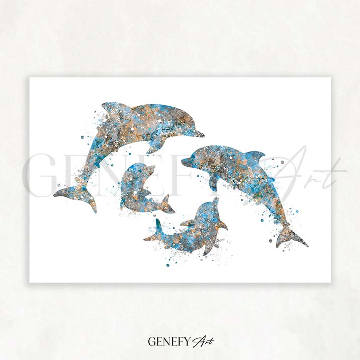Dolphin Family of 4 Watercolour Print