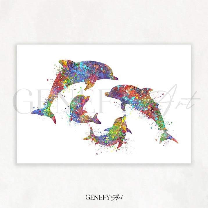 Dolphin Family of 4 Watercolour Print
