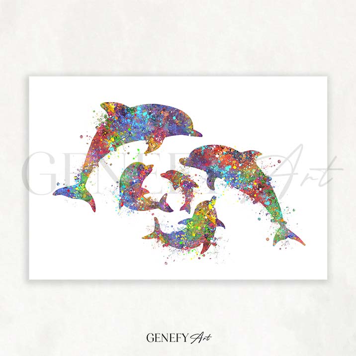 Dolphin Family of 5 Watercolour Print
