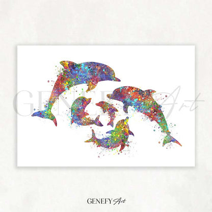 Dolphin Family of 5 Watercolour Print