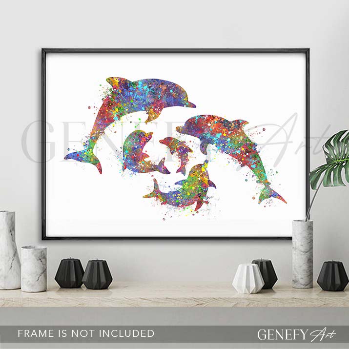 Dolphin Family of 5 Watercolour Print