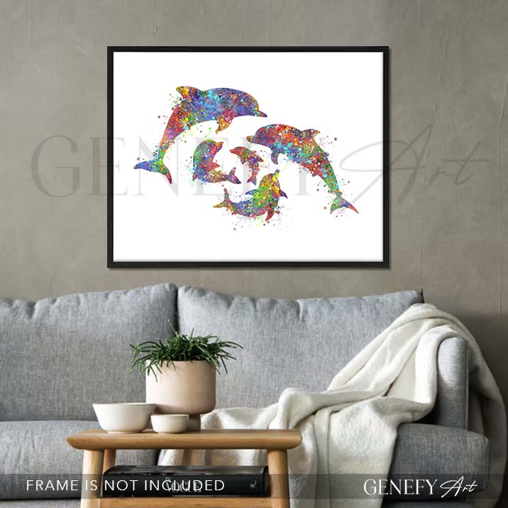 Dolphin Family of 5 Watercolour Print