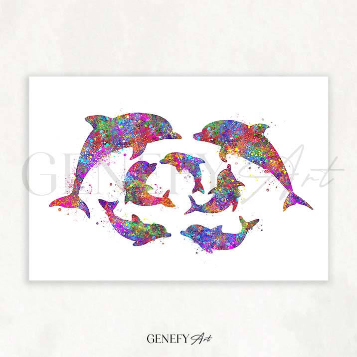 Dolphin Family of 7 Watercolour Print