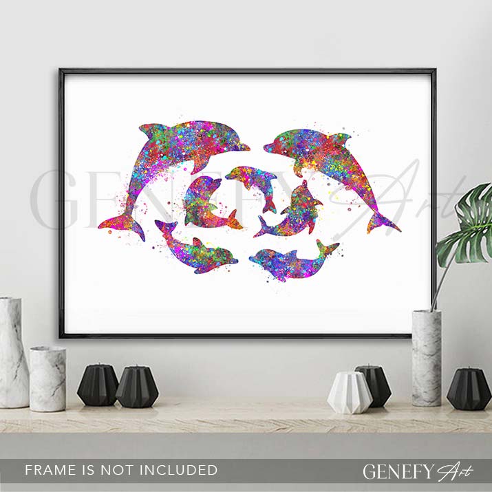 Dolphin Family of 7 Watercolour Print