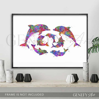 Dolphin Family of 7 Watercolour Print