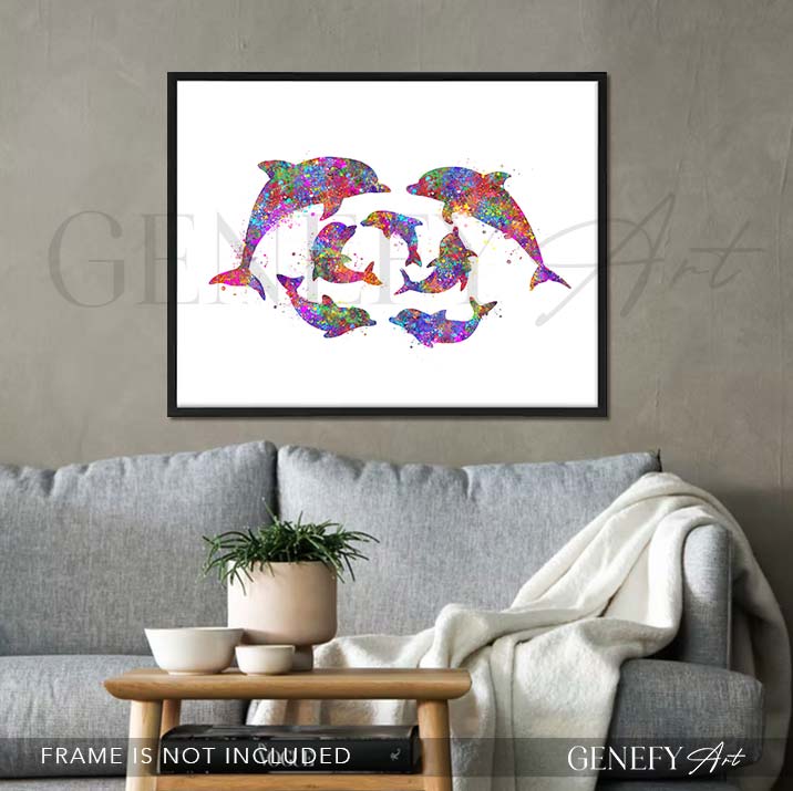 Dolphin Family of 7 Watercolour Print