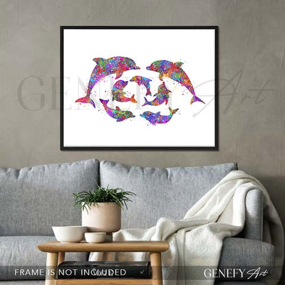 Dolphin Family of 7 Watercolour Print