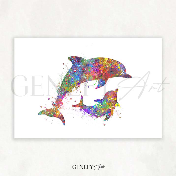 Dolphin Mother and Baby Watercolour Print