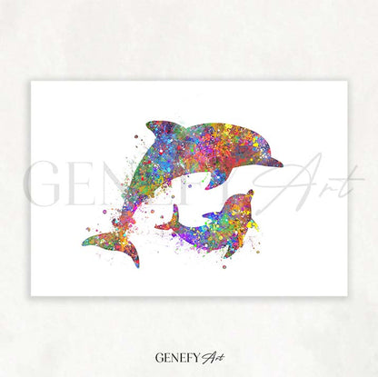 Dolphin Mother and Baby Watercolour Print