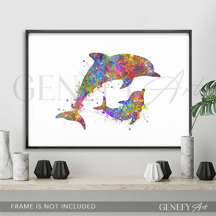 Dolphin Mother and Baby Watercolour Print