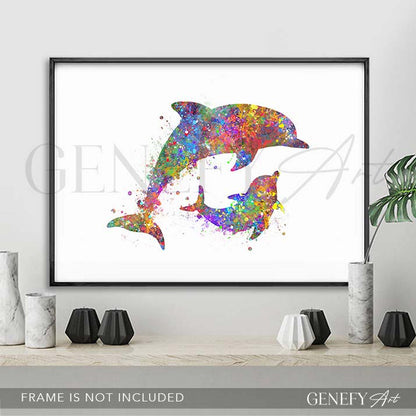 Dolphin Mother and Baby Watercolour Print